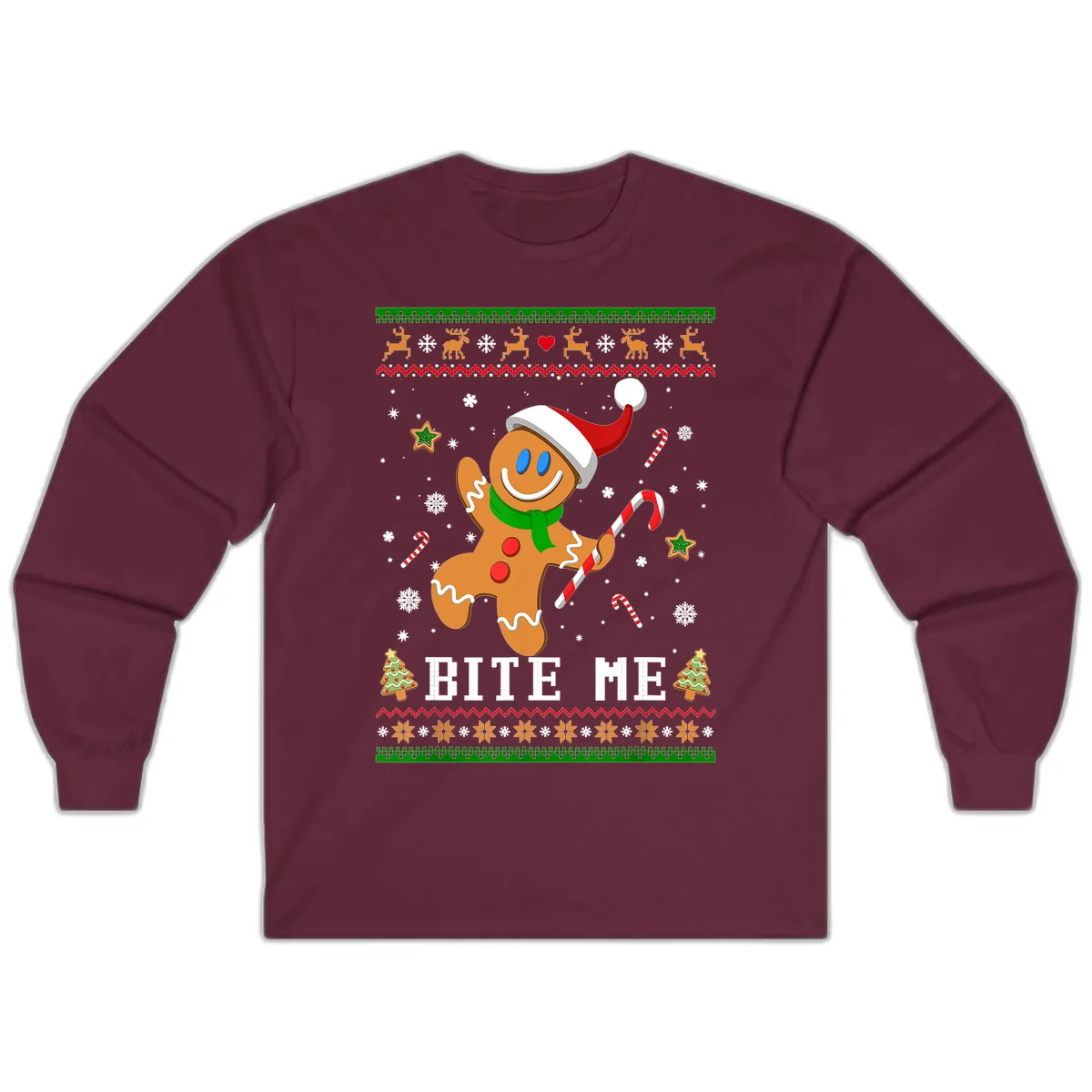 Gingerbread Man Bite Me Christmas Apparel Long Sleeve in Maroon