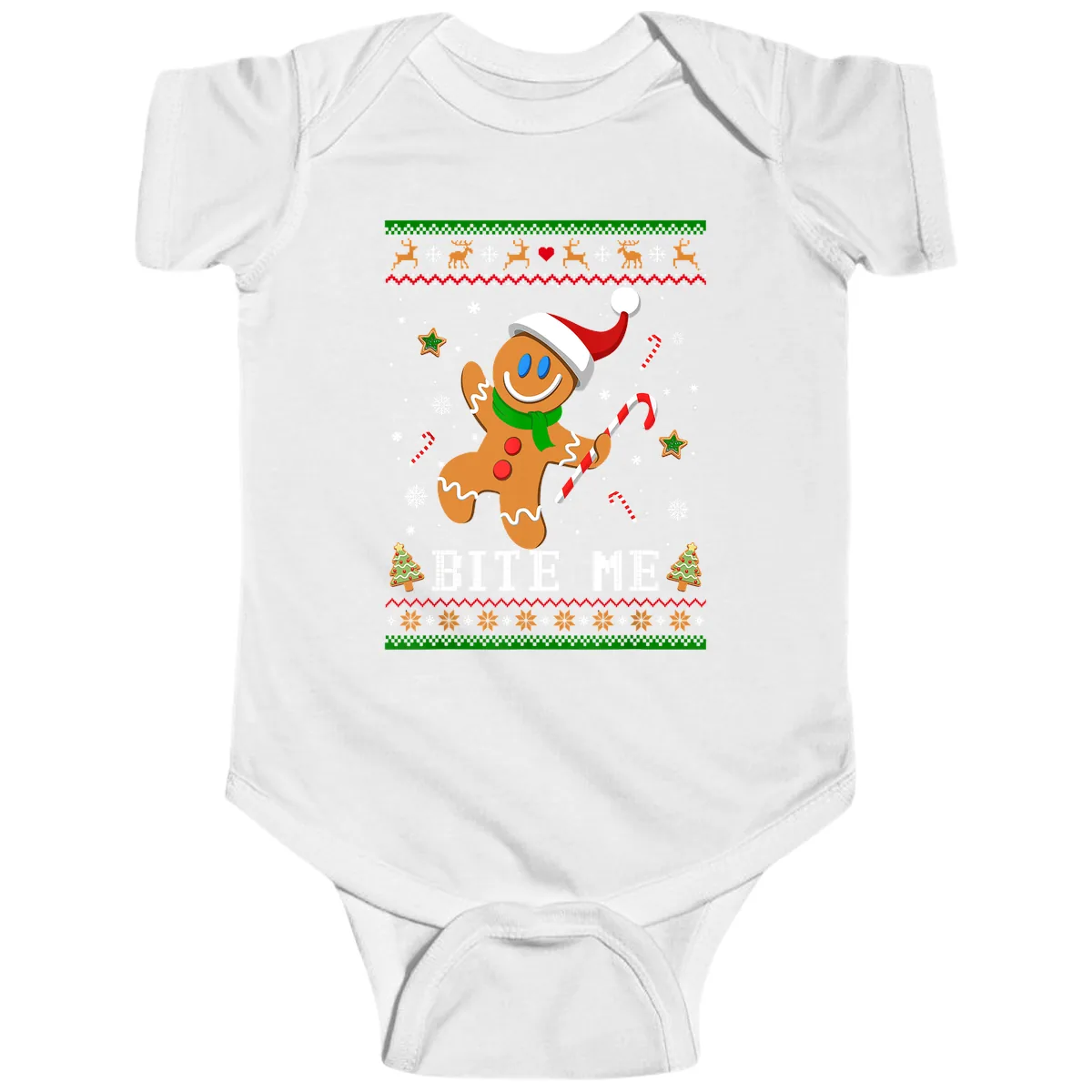 Gingerbread Man Bite Me Christmas Apparel Baby Onesie in White