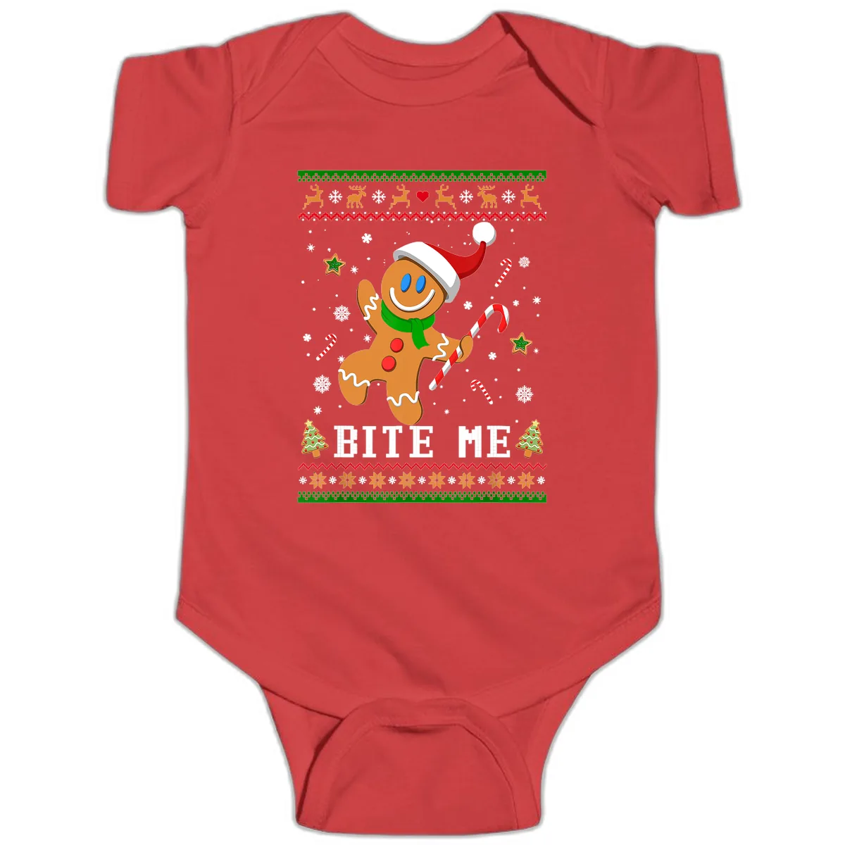 Gingerbread Man Bite Me Christmas Apparel Baby Onesie in Red