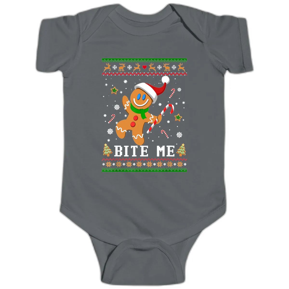 Gingerbread Man Bite Me Christmas Apparel Baby Onesie in Charcoal