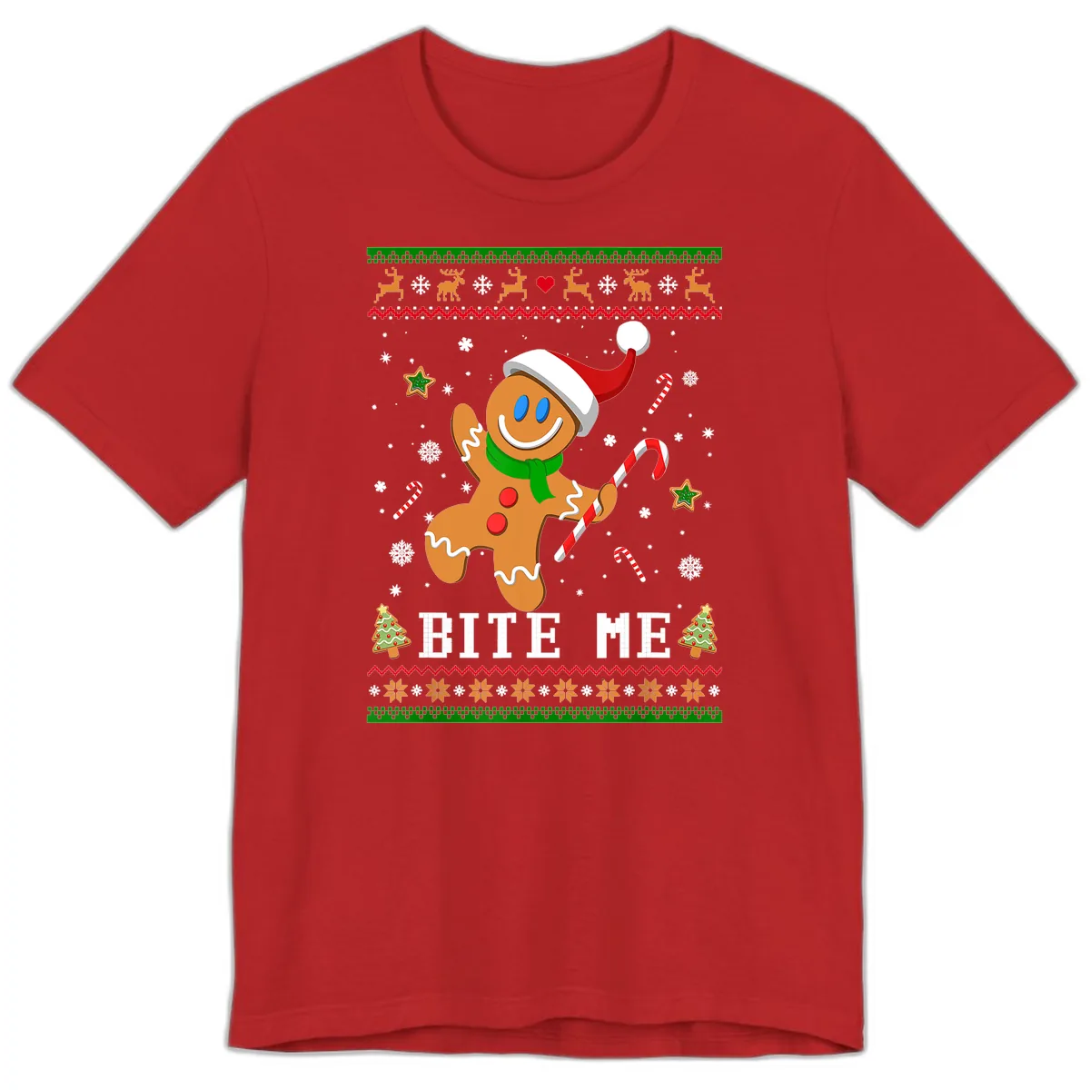 Gingerbread Man Bite Me Christmas Apparel Premium T-Shirt in Red