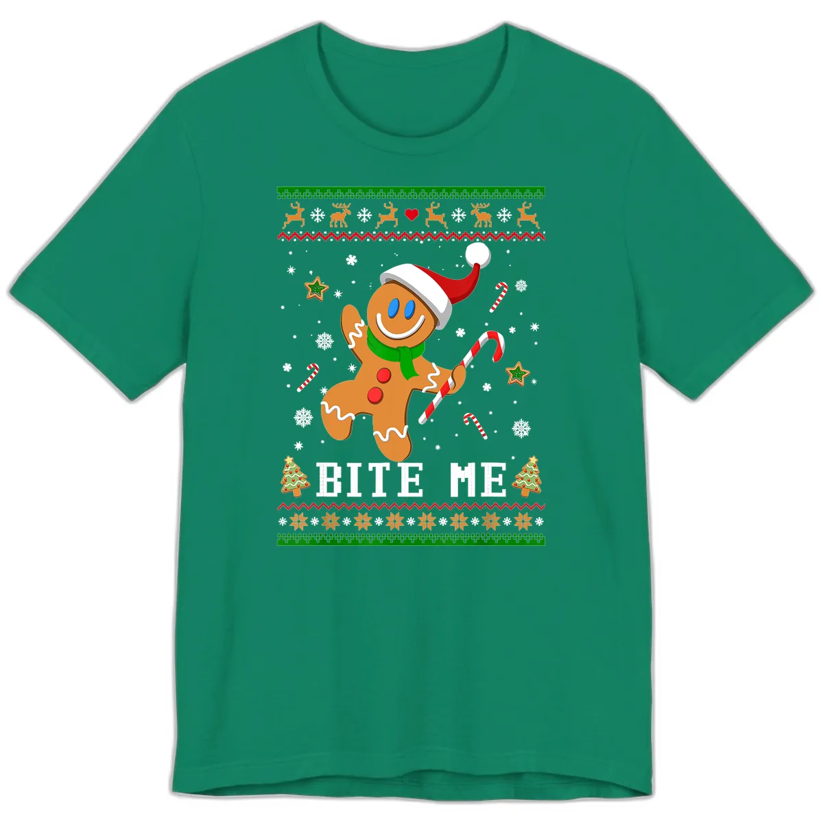 Gingerbread Man Bite Me Christmas Apparel Premium T-Shirt in Kelly