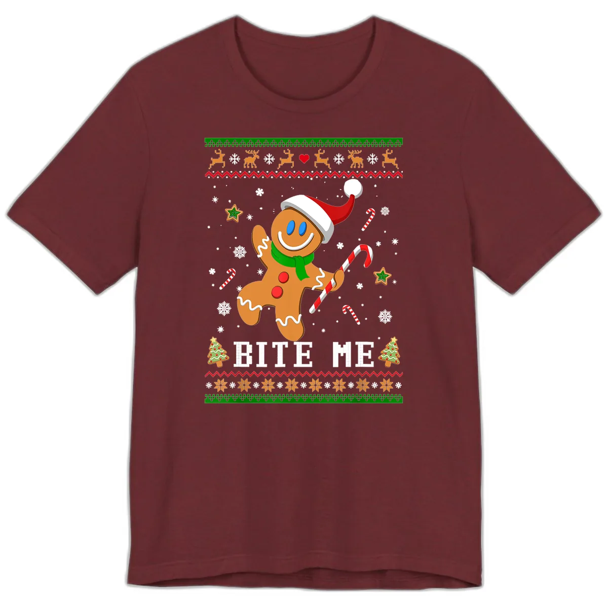 Gingerbread Man Bite Me Christmas Apparel Premium T-Shirt in Heather Cardinal