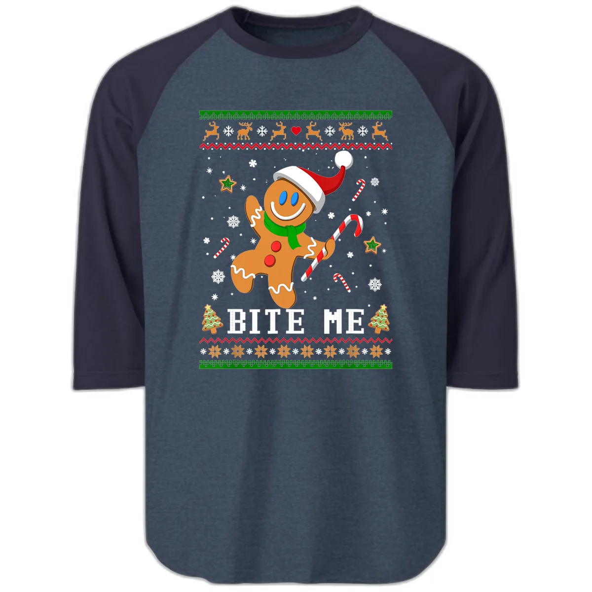 Gingerbread Man Bite Me Christmas Apparel Raglan 3/4 in Heather Denim Navy