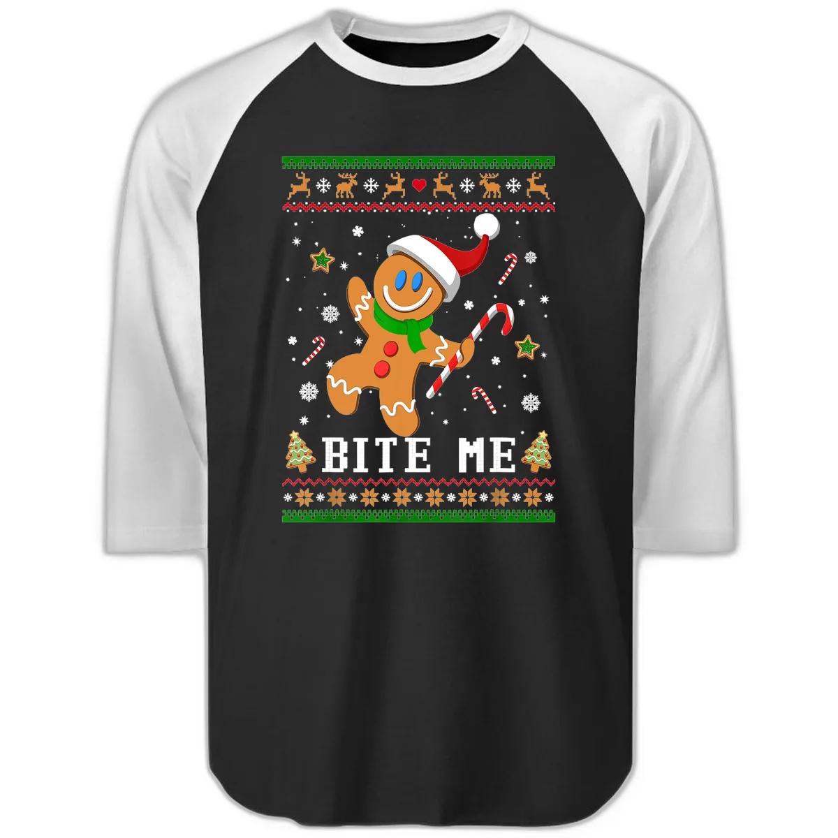 Gingerbread Man Bite Me Christmas Apparel Raglan 3/4 in Black White