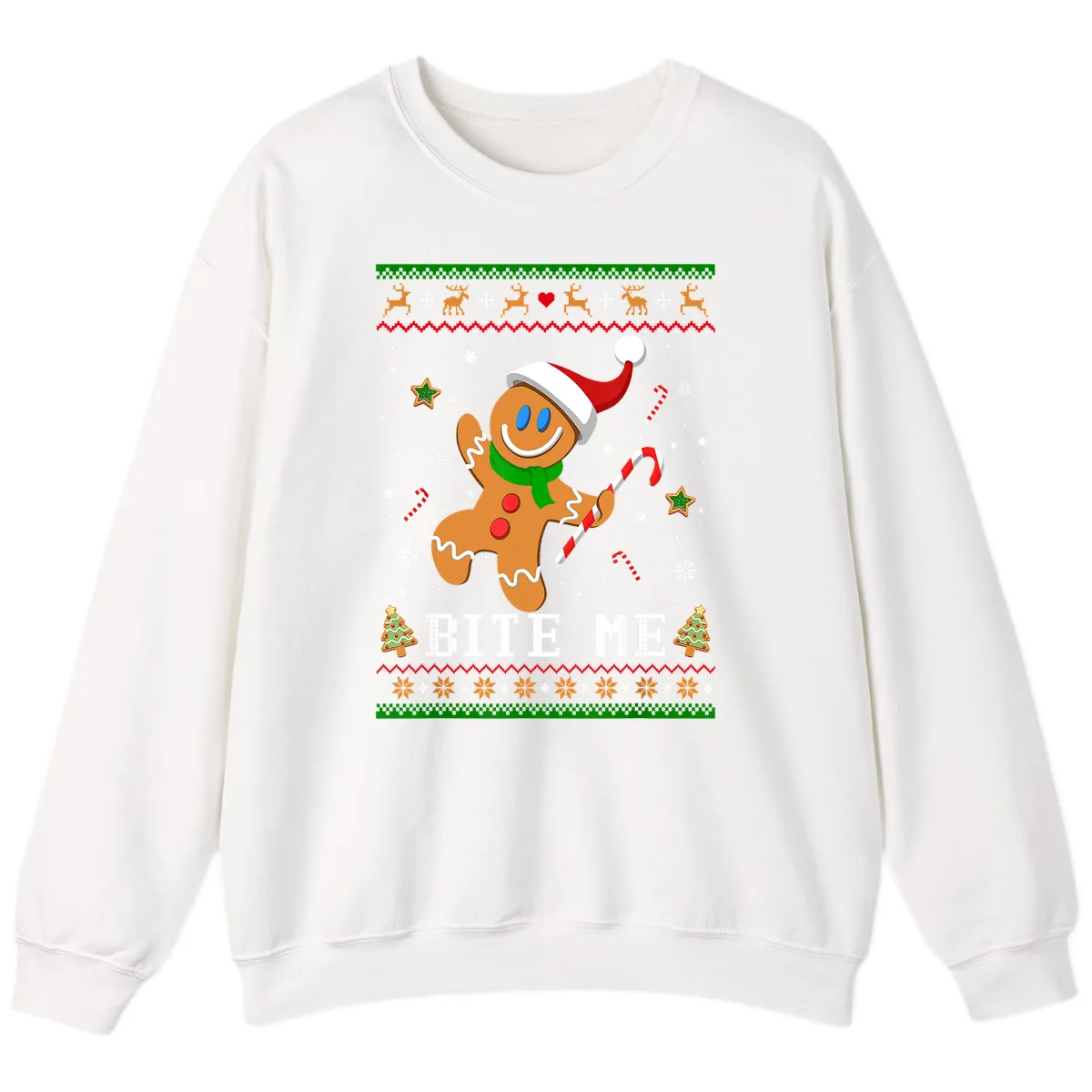 Gingerbread Man Bite Me Christmas Apparel Sweatshirt in White
