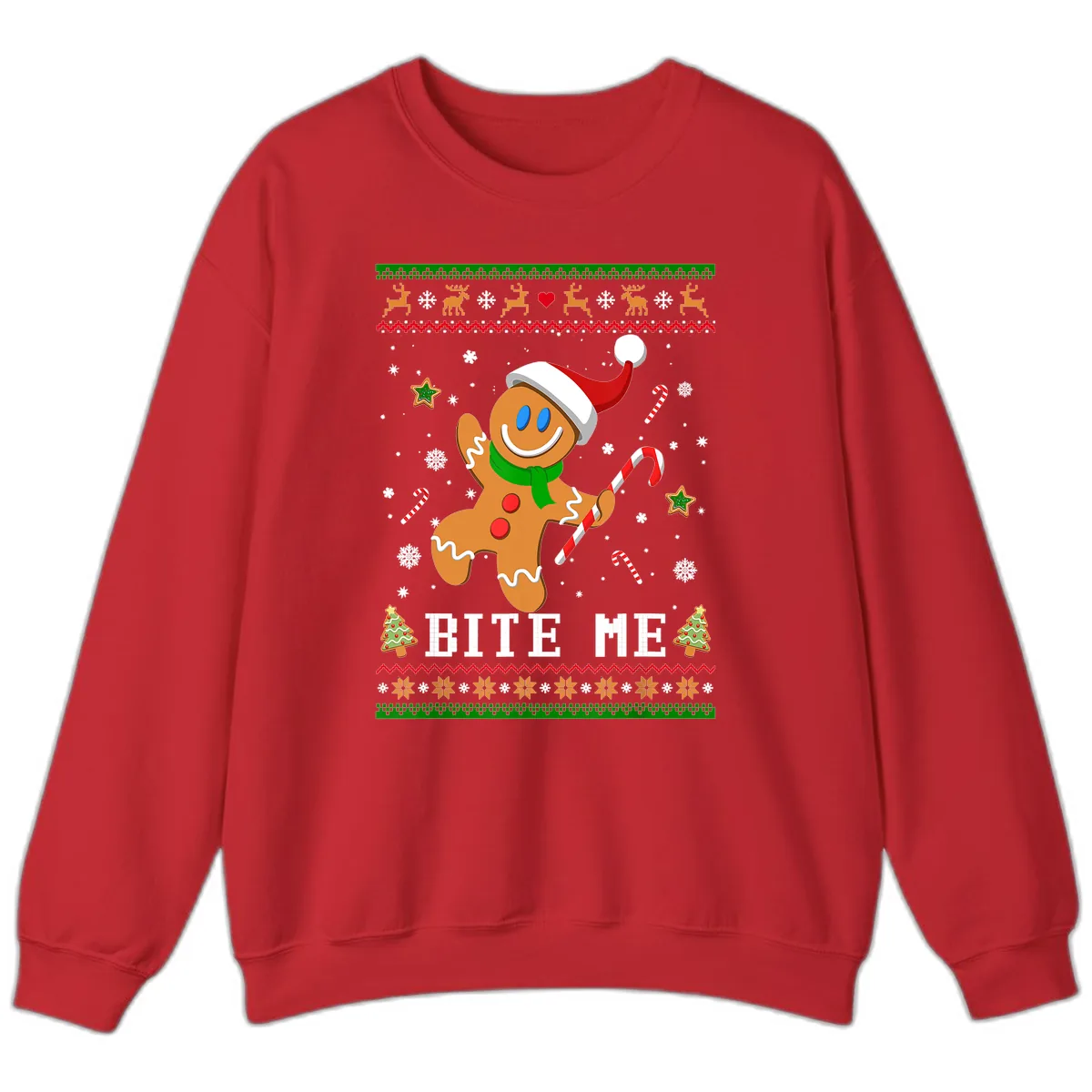 Gingerbread Man Bite Me Christmas Apparel Sweatshirt in Red