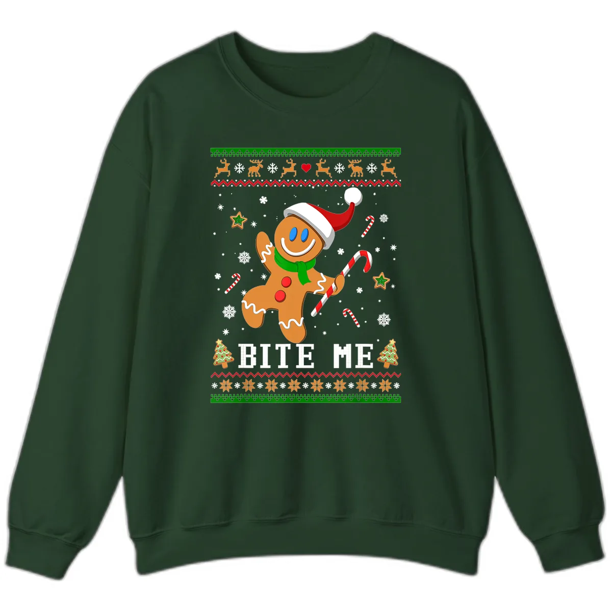 Gingerbread Man Bite Me Christmas Apparel Sweatshirt in Forest Green