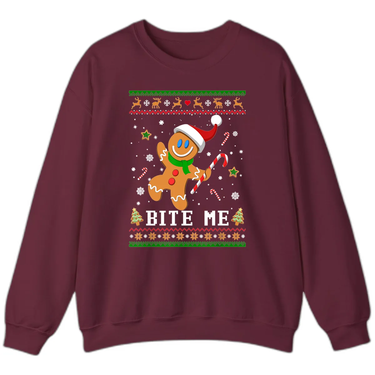 Gingerbread Man Bite Me Christmas Apparel Sweatshirt in Maroon