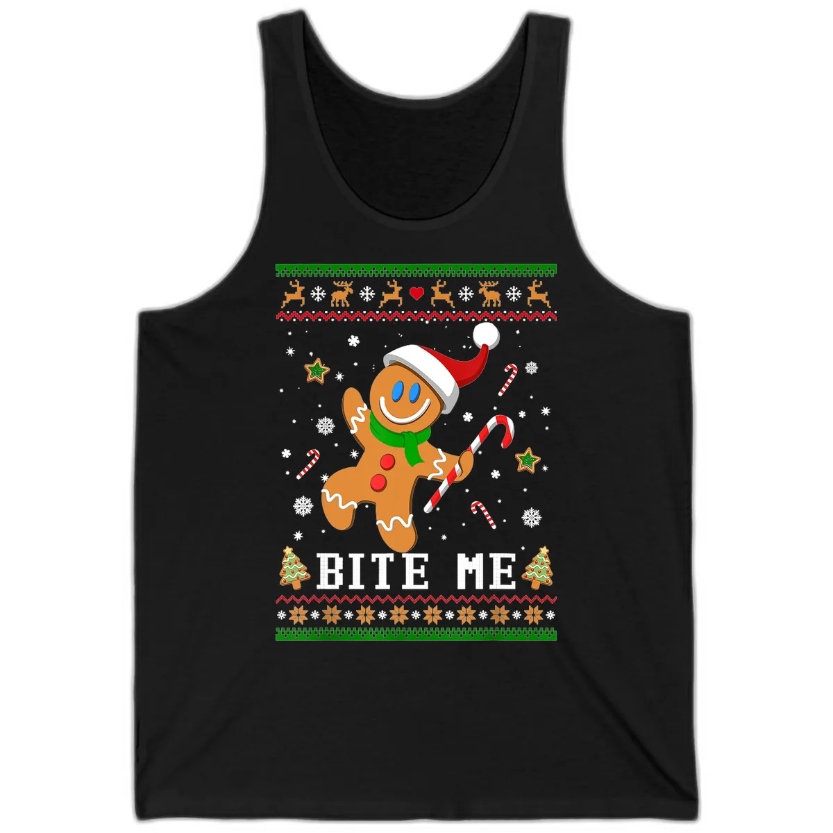 Gingerbread Man Bite Me Christmas Apparel Tank in Black