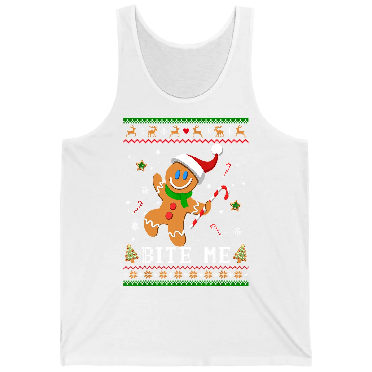 Gingerbread Man Bite Me Christmas Apparel Tank in White