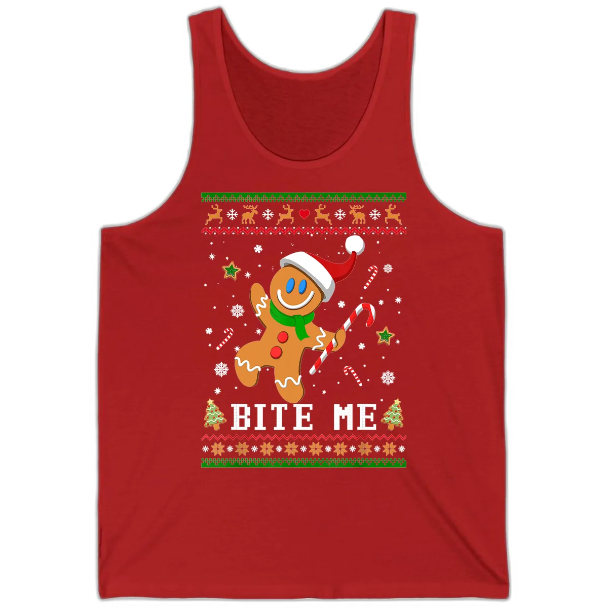 Gingerbread Man Bite Me Christmas Apparel Tank in Red