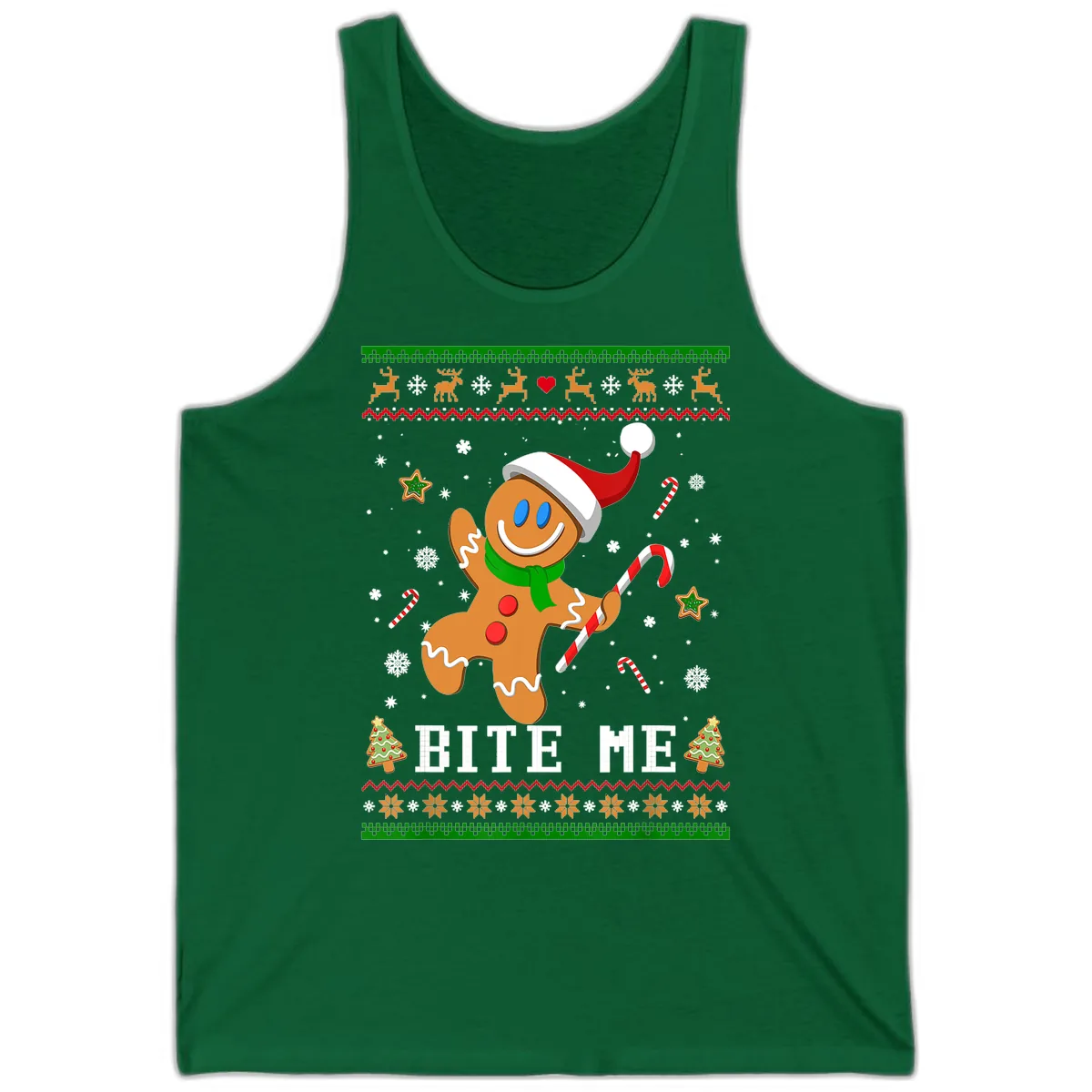 Gingerbread Man Bite Me Christmas Apparel Tank in Kelly