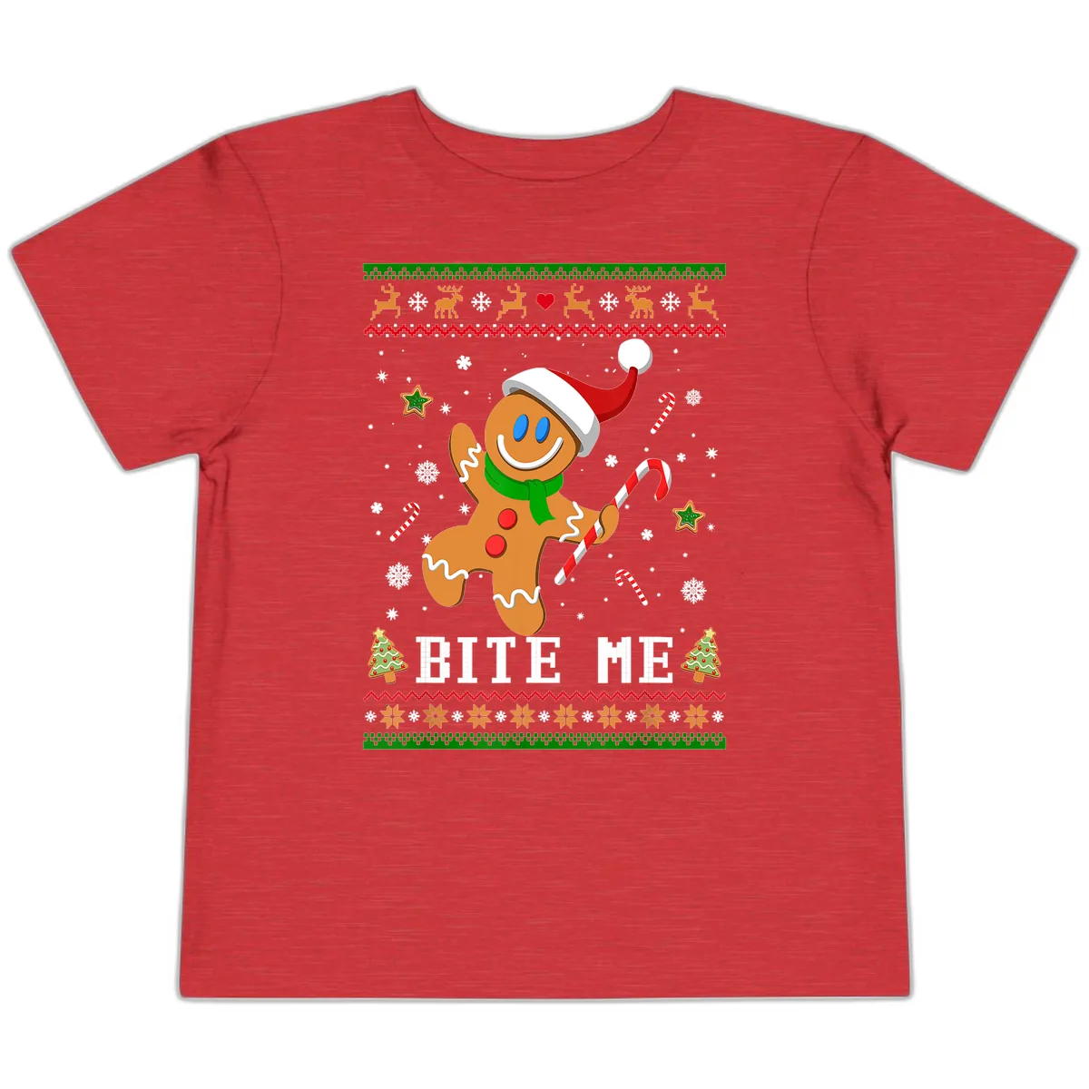 Gingerbread Man Bite Me Christmas Apparel Toddler T-Shirt in Heather Red