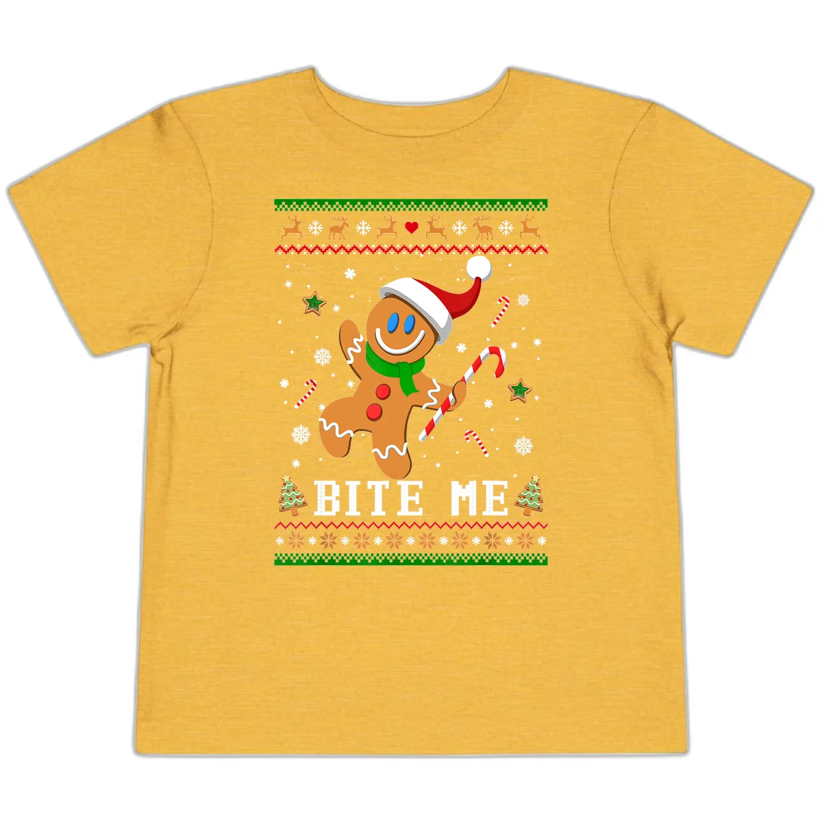 Gingerbread Man Bite Me Christmas Apparel Toddler T-Shirt in Heather Yellow Gold