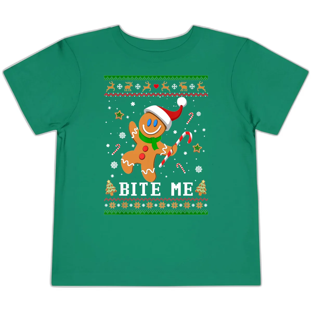 Gingerbread Man Bite Me Christmas Apparel Toddler T-Shirt in Kelly