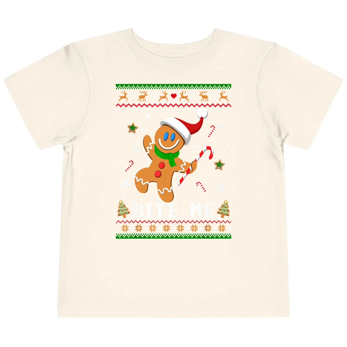 Gingerbread Man Bite Me Christmas Apparel Toddler T-Shirt in Natural
