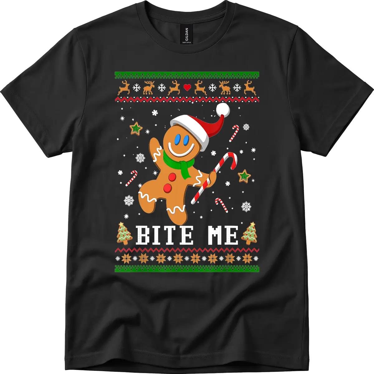 Gingerbread Man Bite Me Christmas Apparel T-Shirt in Black