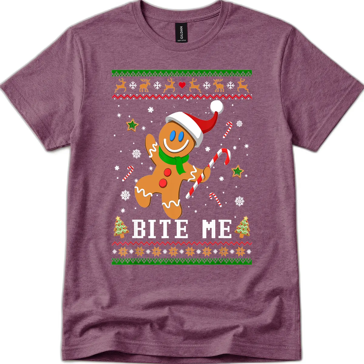 Gingerbread Man Bite Me Christmas Apparel T-Shirt in Heather Maroon