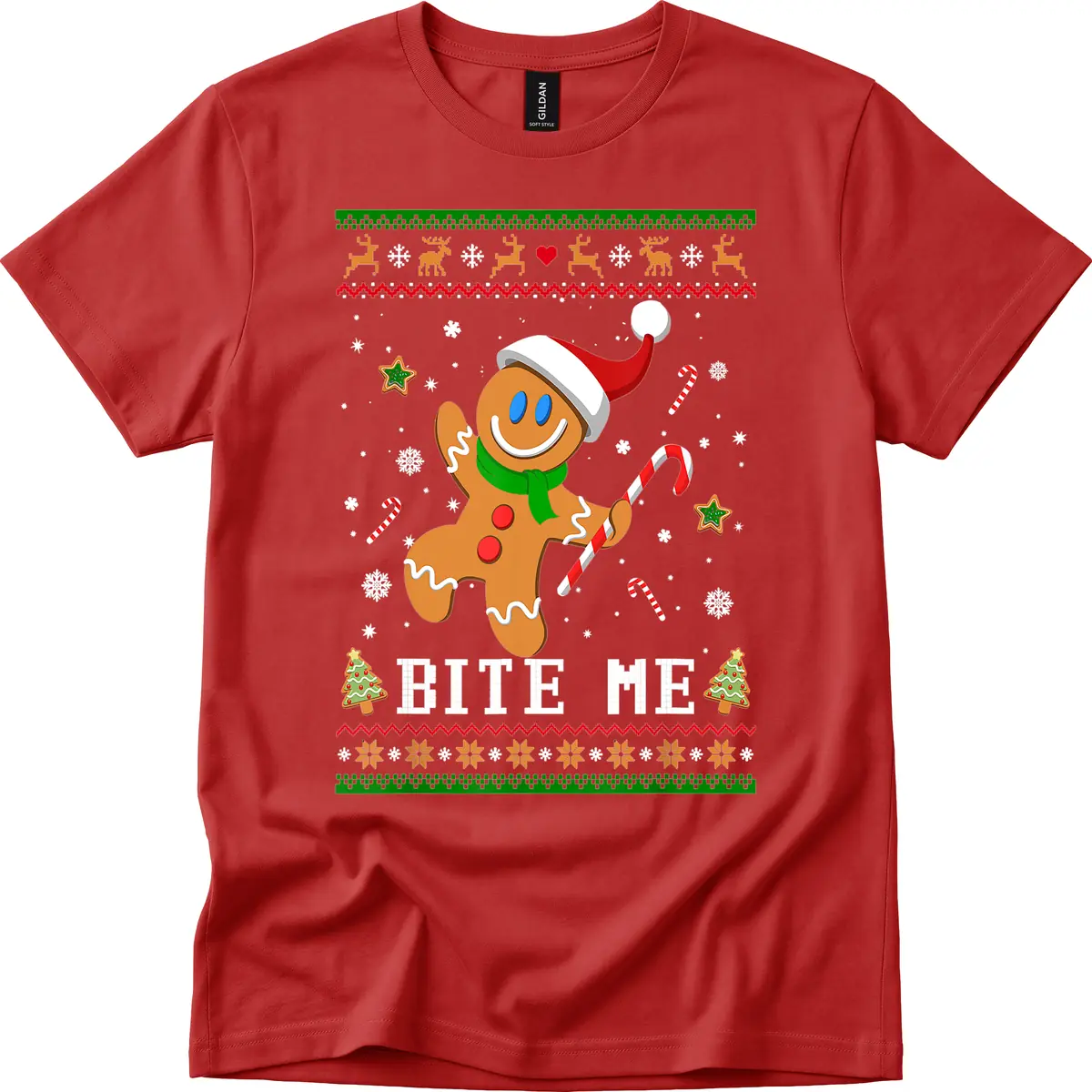 Gingerbread Man Bite Me Christmas Apparel T-Shirt in Red