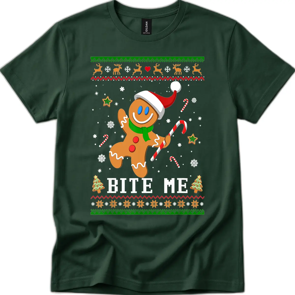 Gingerbread Man Bite Me Christmas Apparel T-Shirt in Forest Green