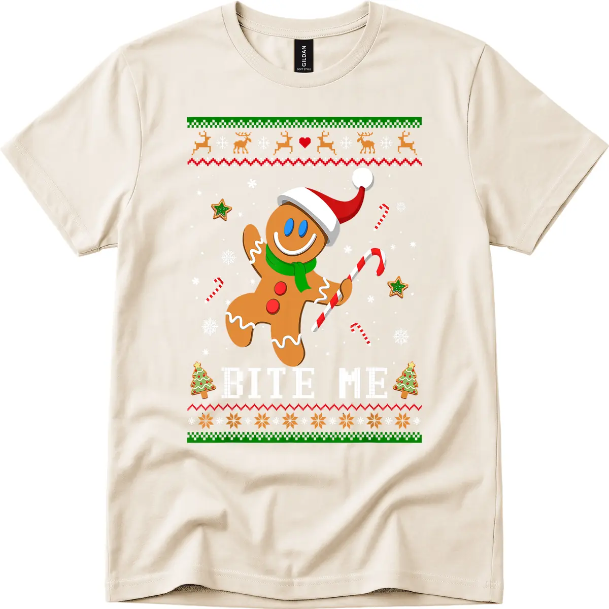 Gingerbread Man Bite Me Christmas Apparel T-Shirt in Natural