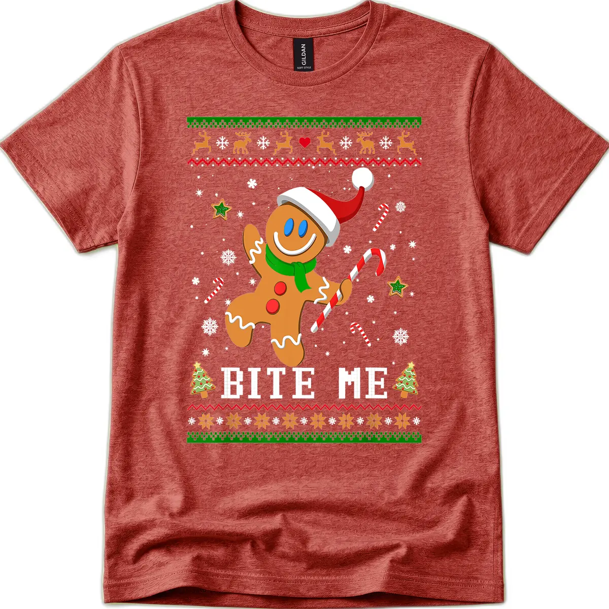Gingerbread Man Bite Me Christmas Apparel T-Shirt in Heather Cardinal