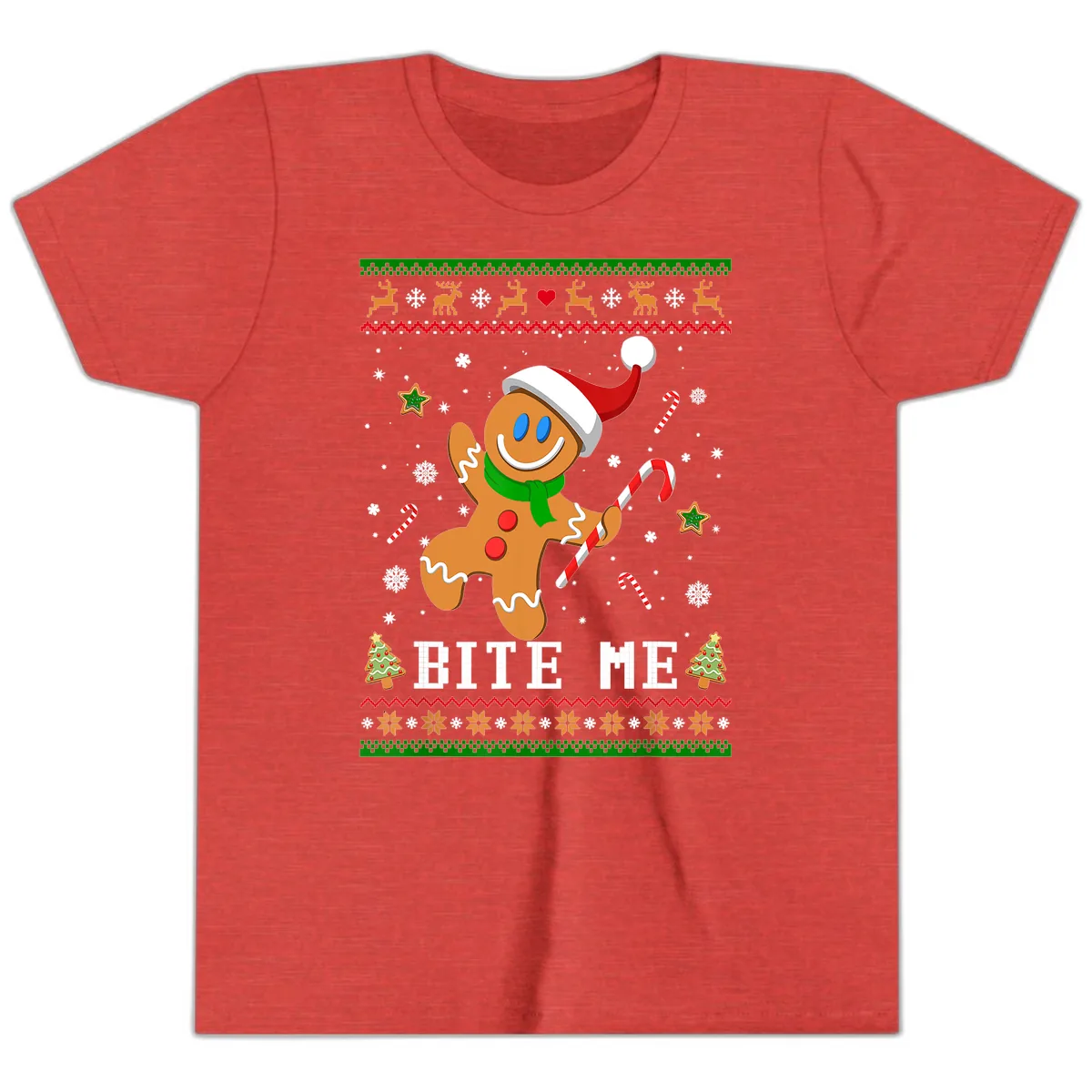 Gingerbread Man Bite Me Christmas Apparel Youth T-Shirt in Heather Red