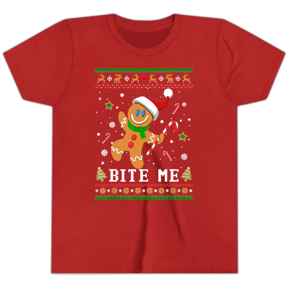 Gingerbread Man Bite Me Christmas Apparel Youth T-Shirt in Red
