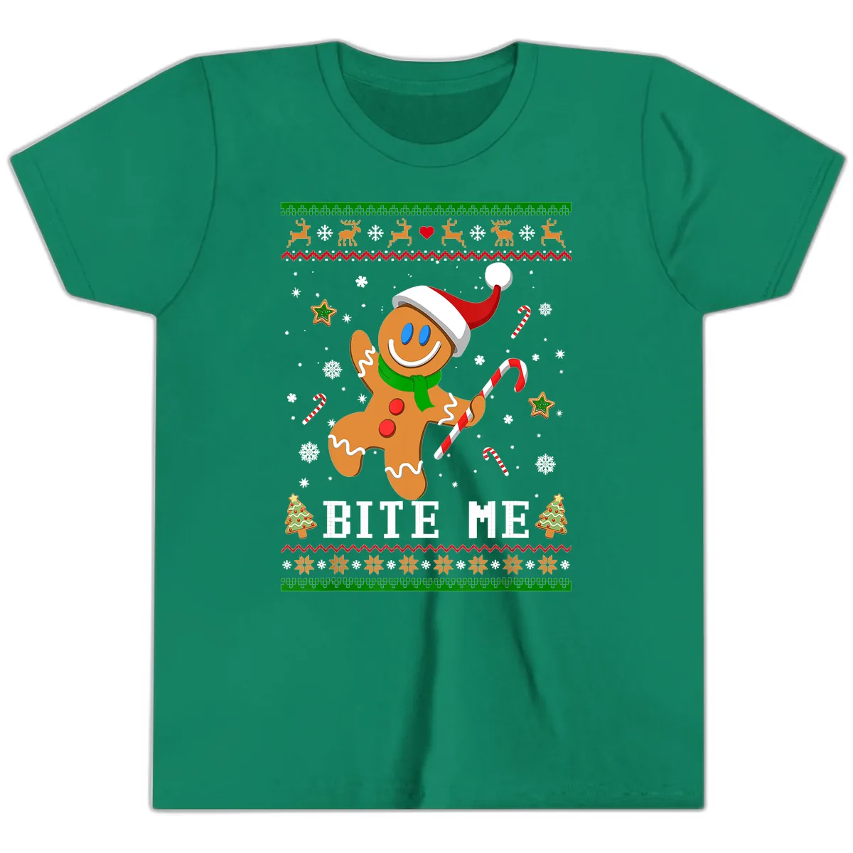 Gingerbread Man Bite Me Christmas Apparel Youth T-Shirt in Kelly