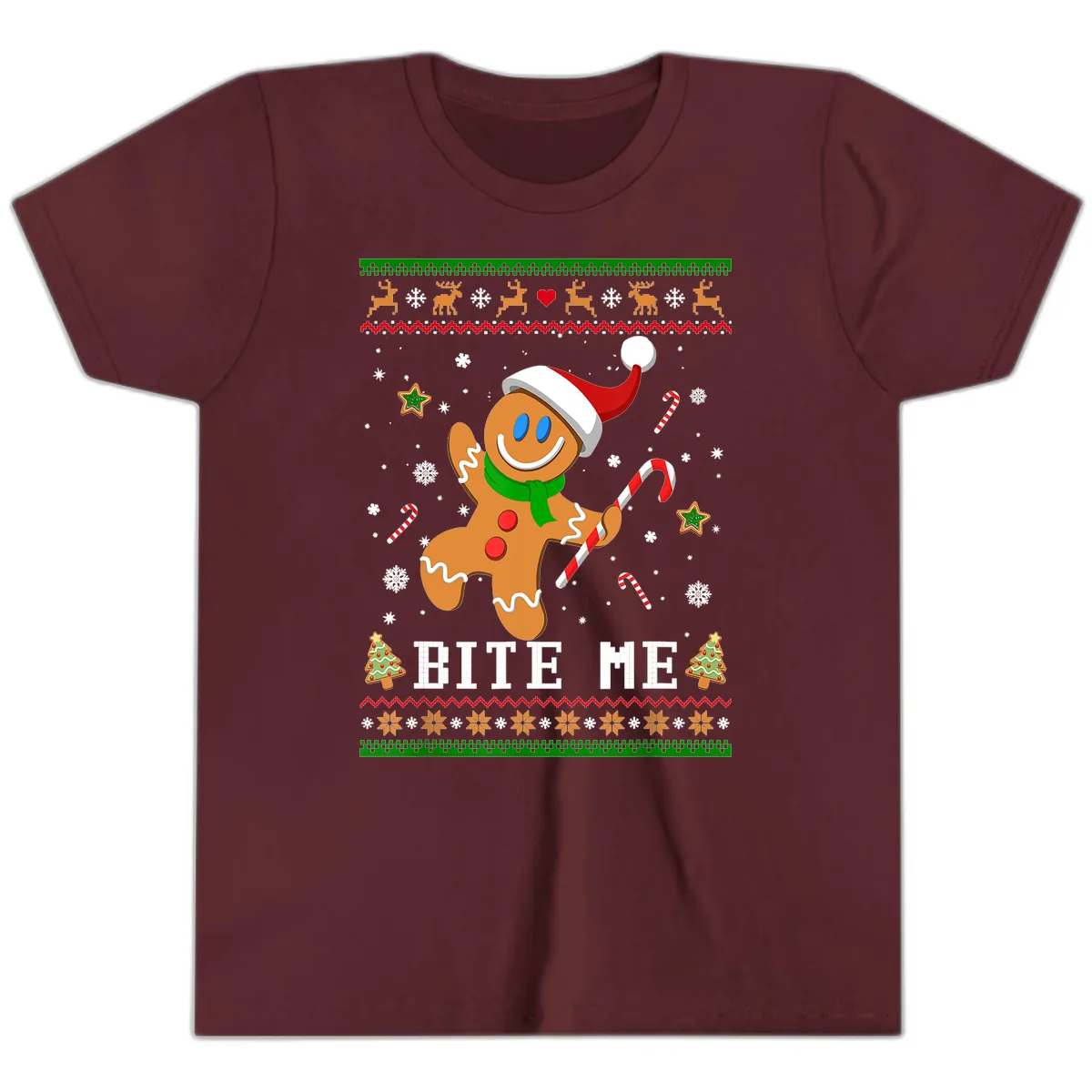 Gingerbread Man Bite Me Christmas Apparel Youth T-Shirt in Maroon