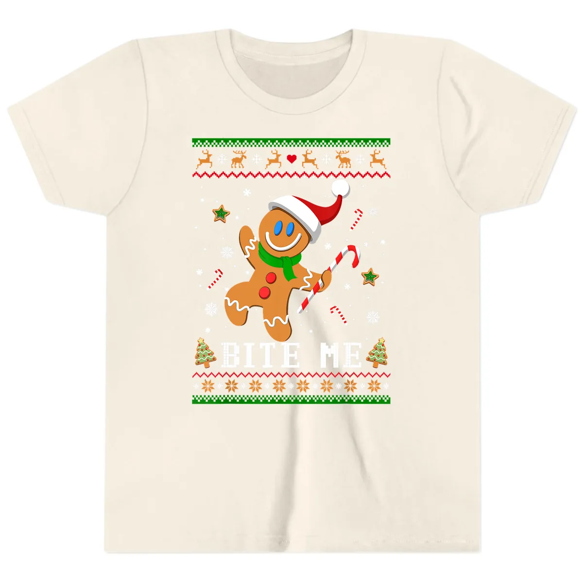 Gingerbread Man Bite Me Christmas Apparel Youth T-Shirt in Natural
