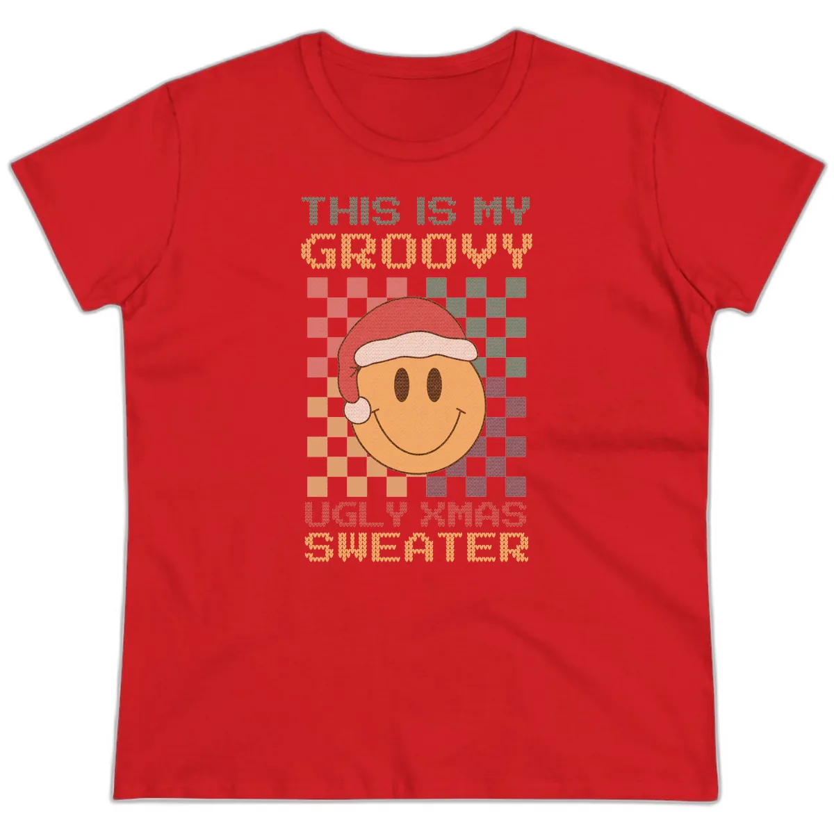 This Is My Groovy Ugly Xmas Sweater Ladies Tee in Red