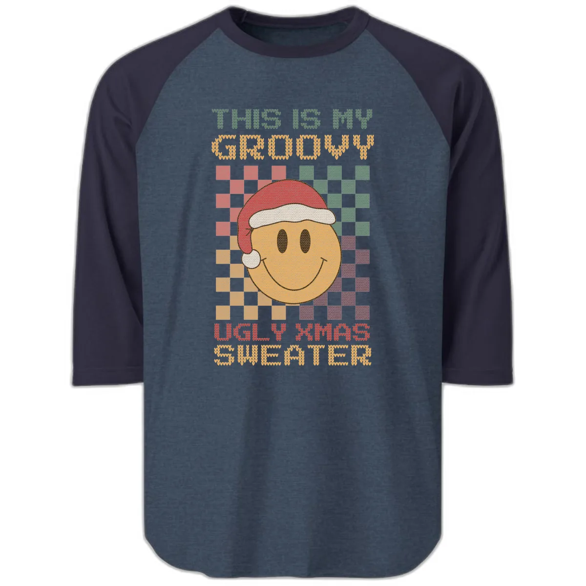 This Is My Groovy Ugly Xmas Sweater Raglan 3/4 in Heather Denim Navy