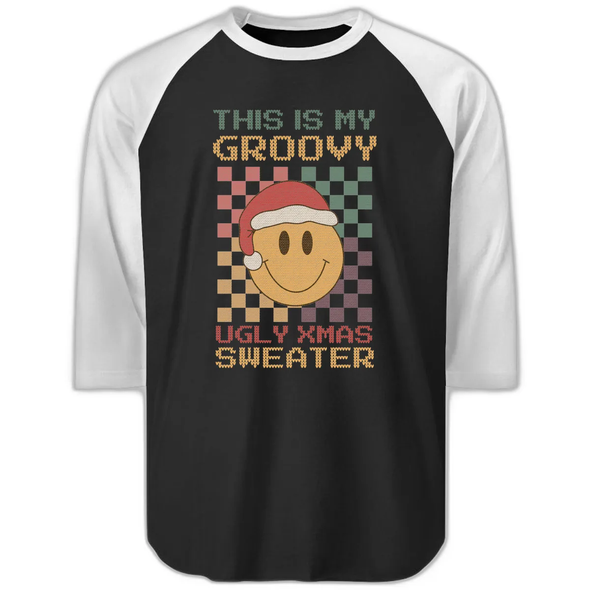 This Is My Groovy Ugly Xmas Sweater Raglan 3/4 in Black White