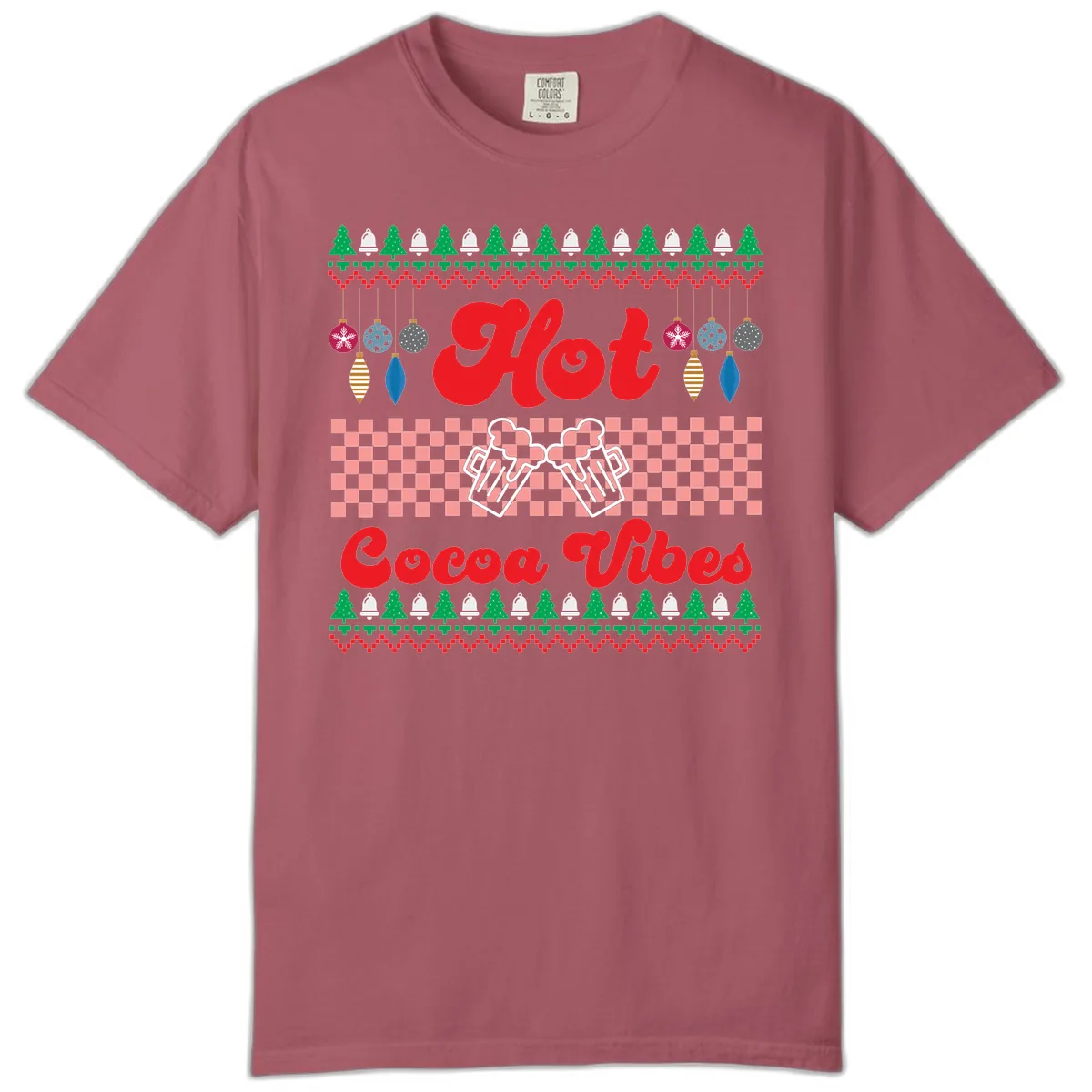 Hot Cocoa Vibes Ugly Christmas Sweater Comfort Color in Crimson
