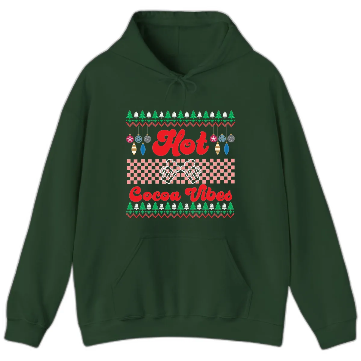 Hot Cocoa Vibes Ugly Christmas Sweater Hoodie in Forest Green
