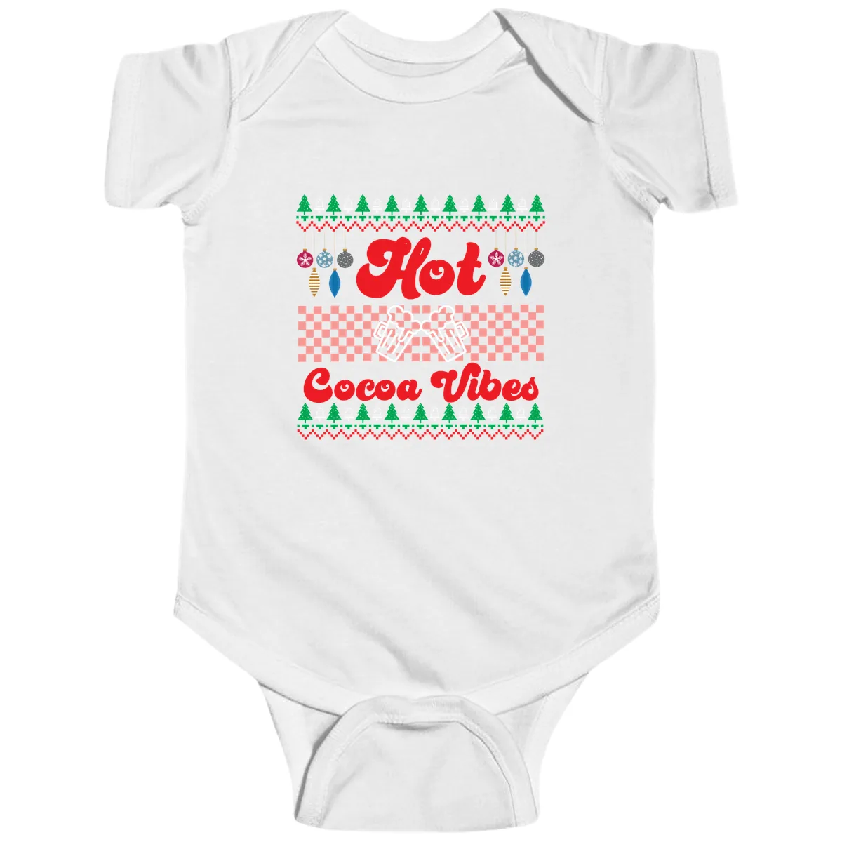 Hot Cocoa Vibes Ugly Christmas Sweater Baby Onesie in White