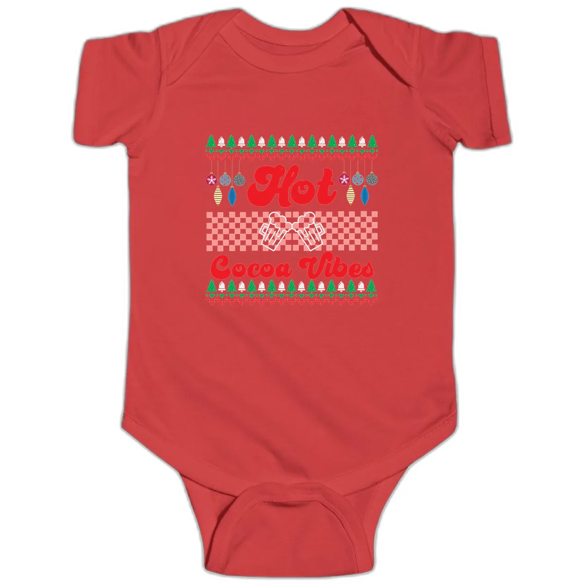 Hot Cocoa Vibes Ugly Christmas Sweater Baby Onesie in Red