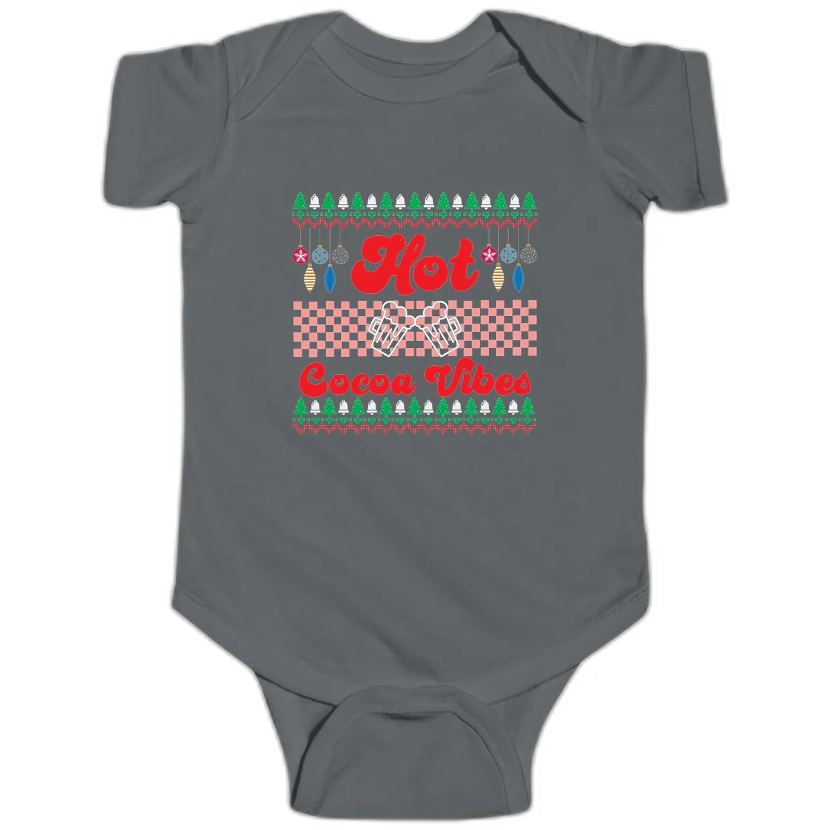 Hot Cocoa Vibes Ugly Christmas Sweater Baby Onesie in Charcoal