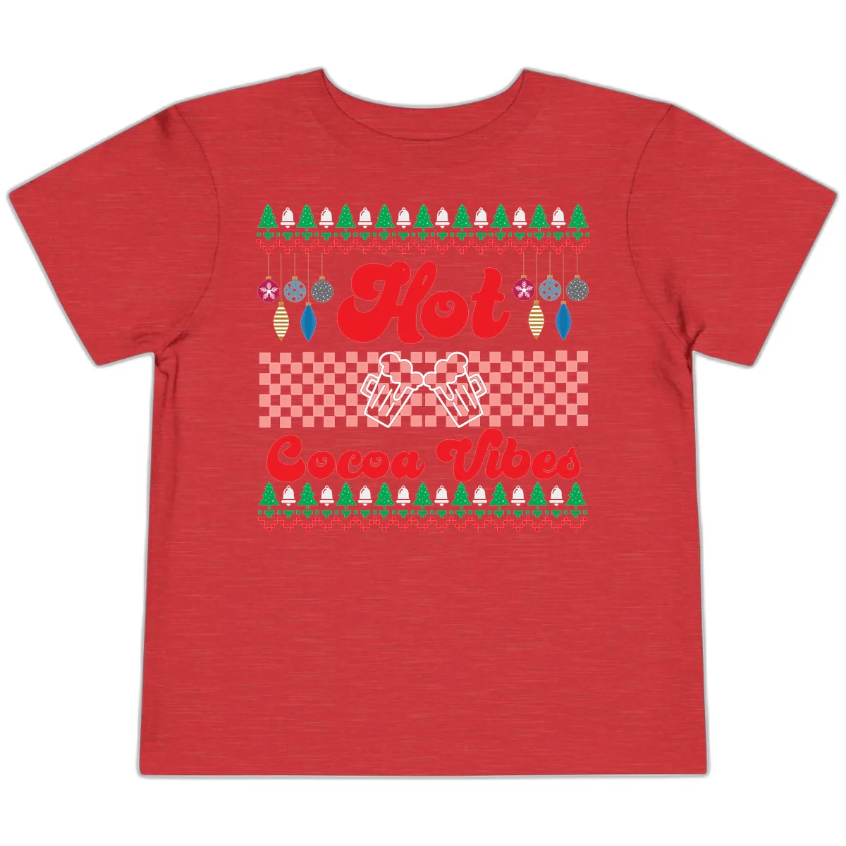 Hot Cocoa Vibes Ugly Christmas Sweater Toddler T-Shirt in Heather Red