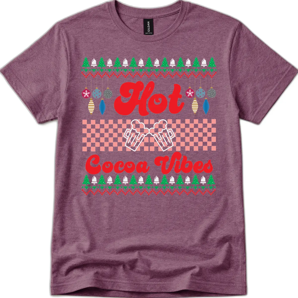 Hot Cocoa Vibes Ugly Christmas Sweater T-Shirt in Heather Maroon