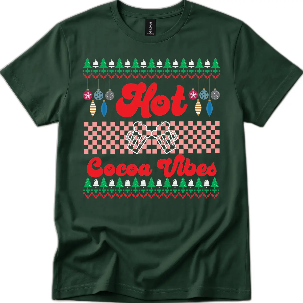 Hot Cocoa Vibes Ugly Christmas Sweater T-Shirt in Forest Green