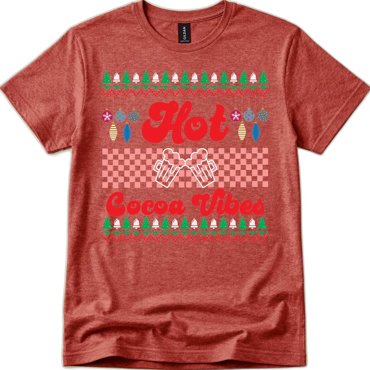 Hot Cocoa Vibes Ugly Christmas Sweater T-Shirt in Heather Cardinal