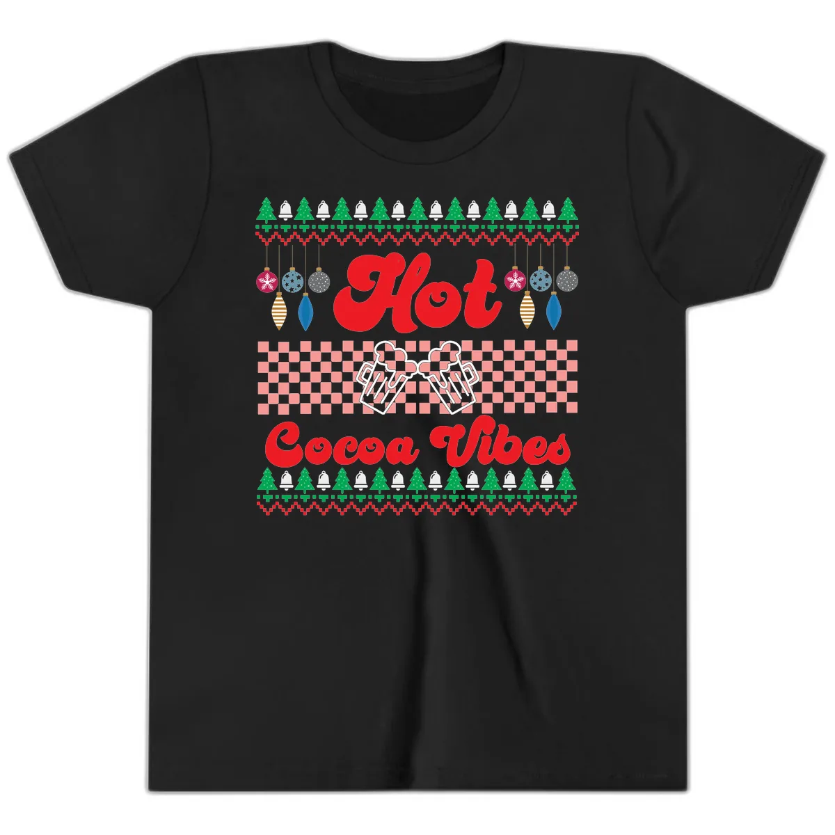 Hot Cocoa Vibes Ugly Christmas Sweater Youth T-Shirt in Black