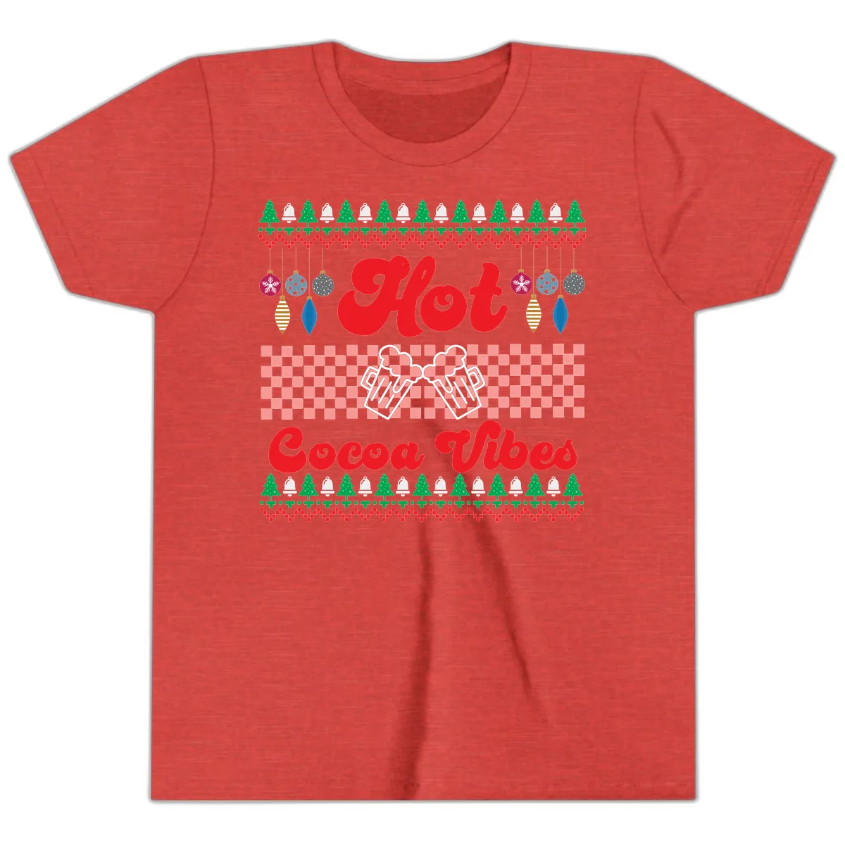 Hot Cocoa Vibes Ugly Christmas Sweater Youth T-Shirt in Heather Red