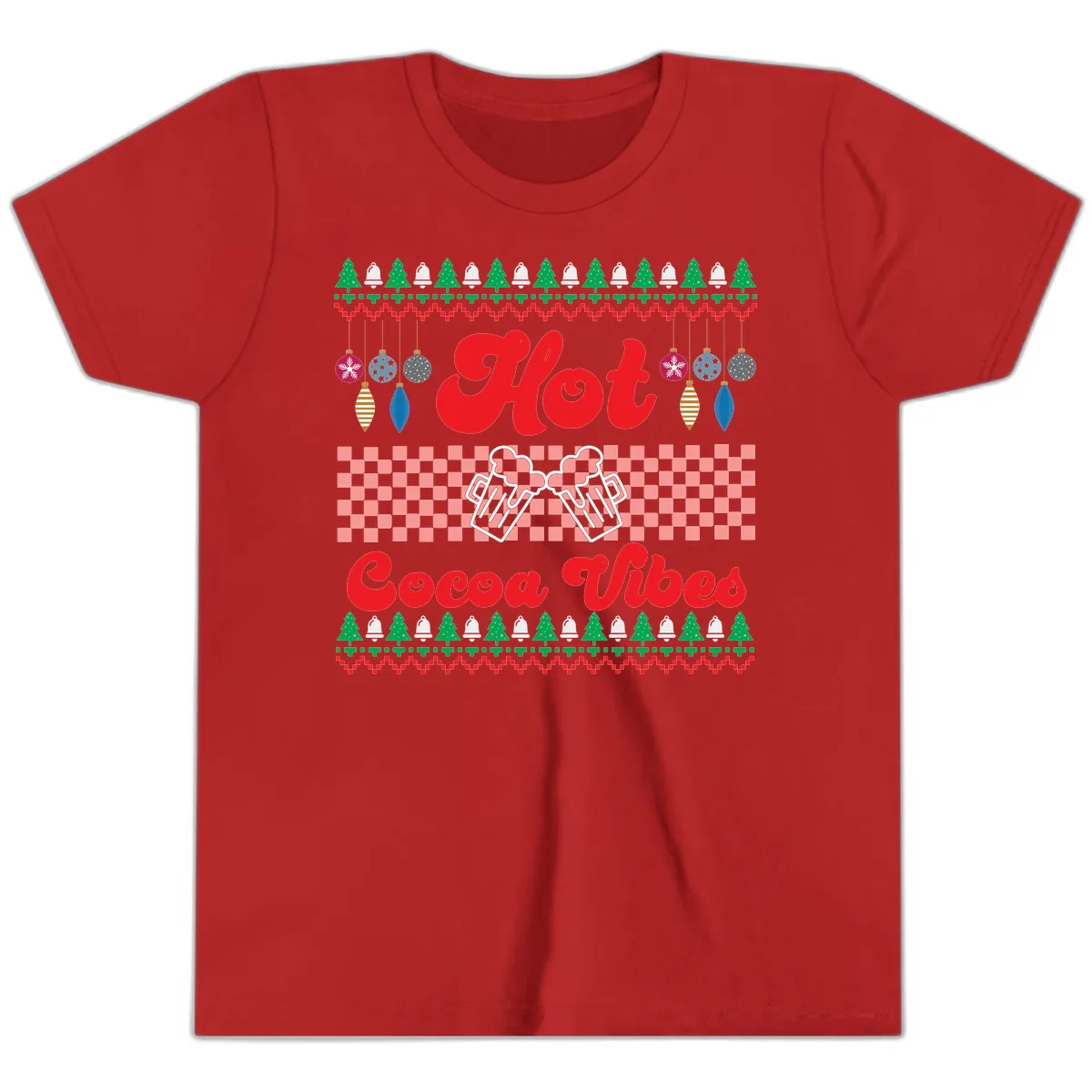 Hot Cocoa Vibes Ugly Christmas Sweater Youth T-Shirt in Red