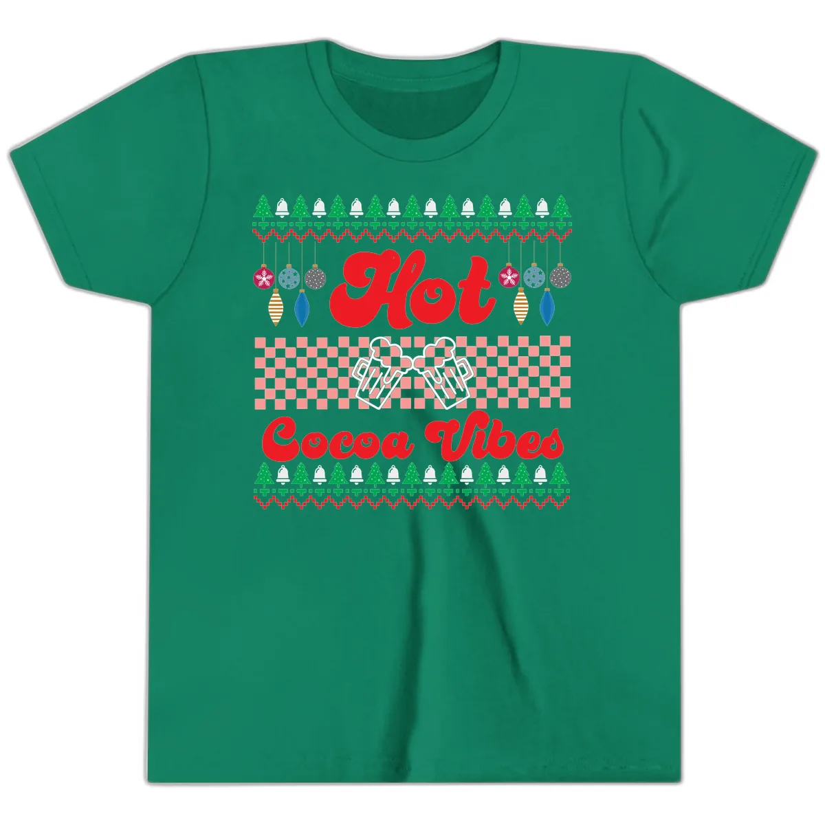 Hot Cocoa Vibes Ugly Christmas Sweater Youth T-Shirt in Kelly