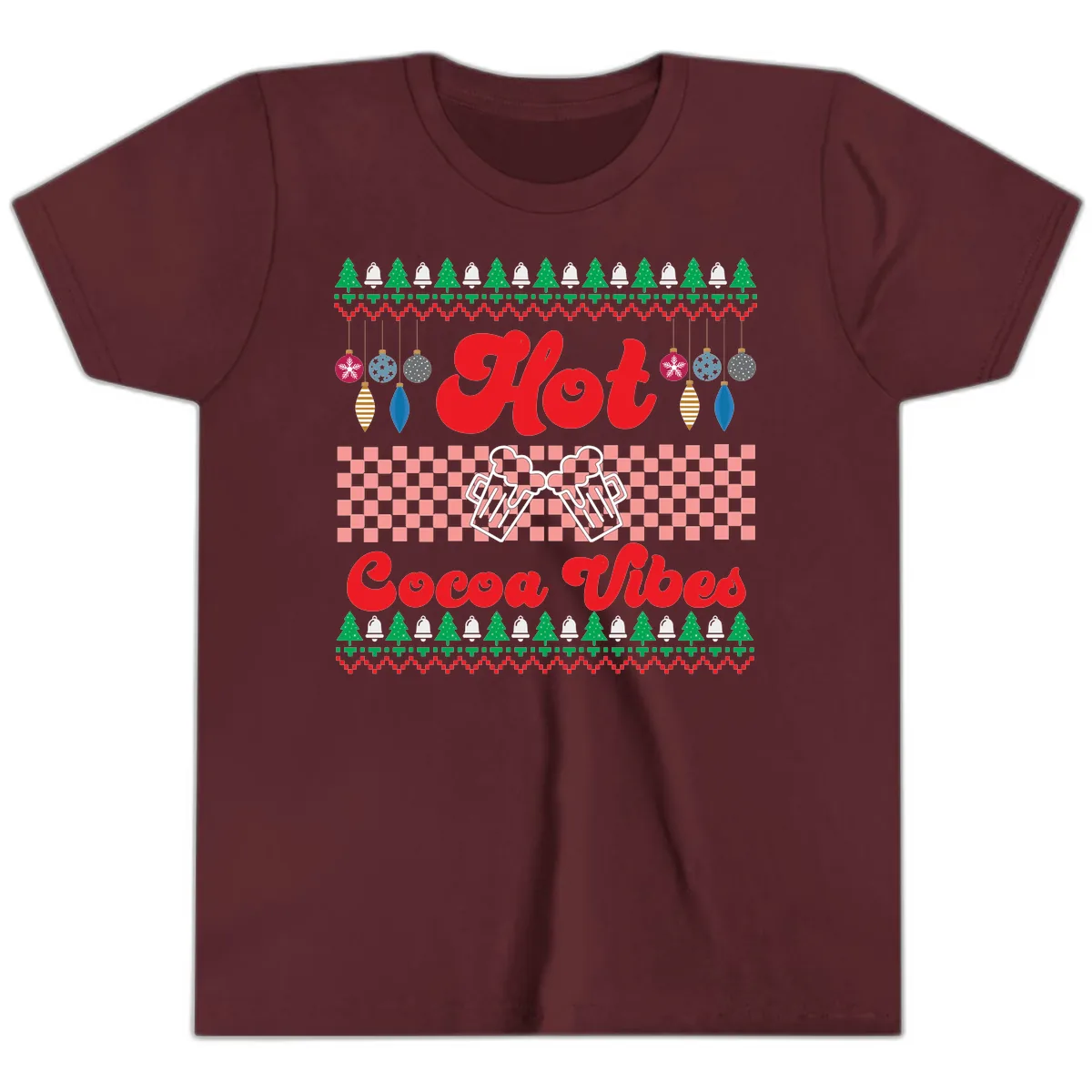 Hot Cocoa Vibes Ugly Christmas Sweater Youth T-Shirt in Maroon