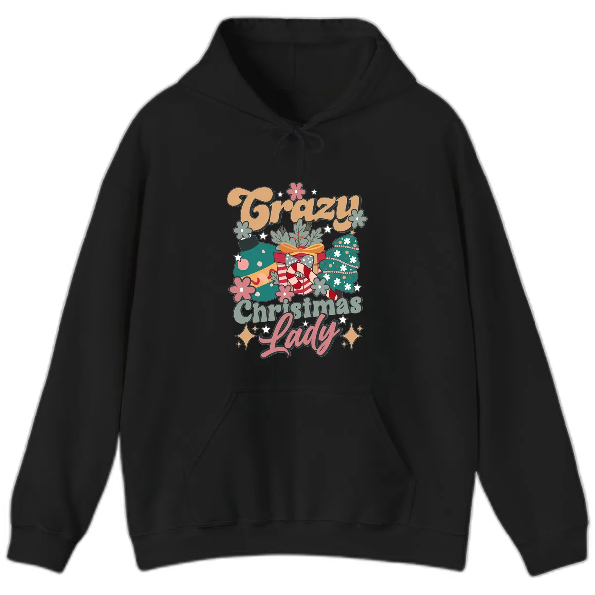 Crazy Christmas Lady Retro Design Hoodie in Black